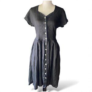 Steilmann black gauzy flared pleated short sleeve linen blend midi dress 6 witch